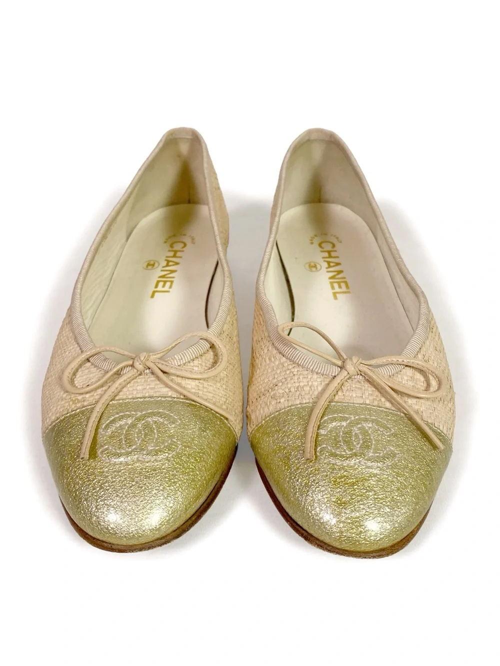 Chanel CC Cap Toe Ballet Flats Bow Raffia Gold - Picture 4 of 9